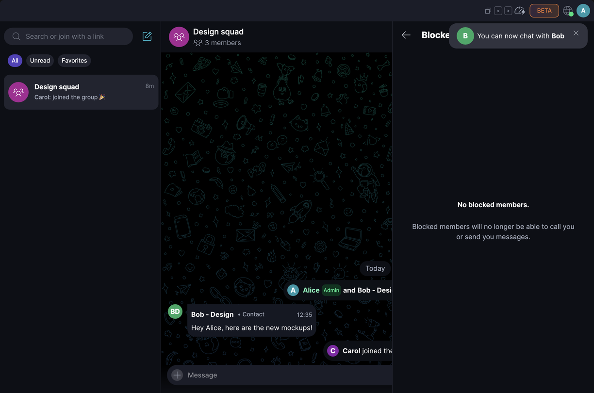 Blocked Members π« Β· Desktop After you unblock, Keet confirms and the member leaves the list.